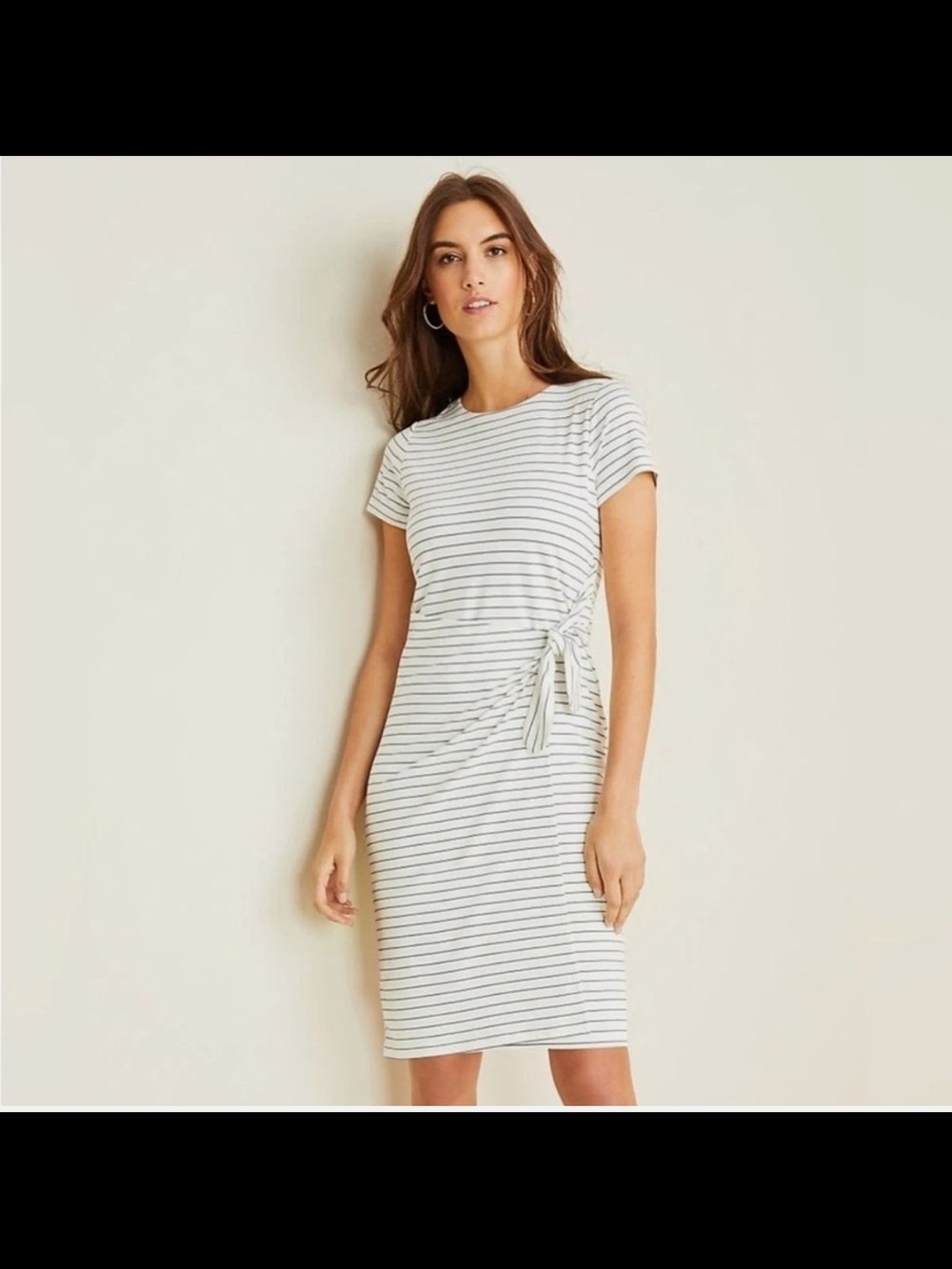 Ann Taylor White and Navy Striped Side-Tie Knit Sheath Dress